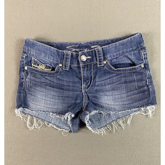 Seven 7 Jean Shorts Womens 30x2 Blue Cut Off Frayed Shortie Booty Med Wash Tag 8 - Picture 1 of 13